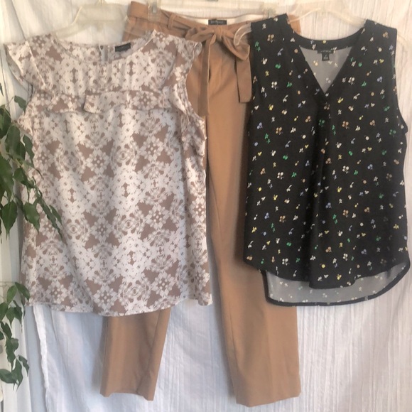 BANANA REPUBLIC tan pants SZ 8 ANN TAYLOR SZ M black floral WORTHINGTON SZ M top - Picture 1 of 14